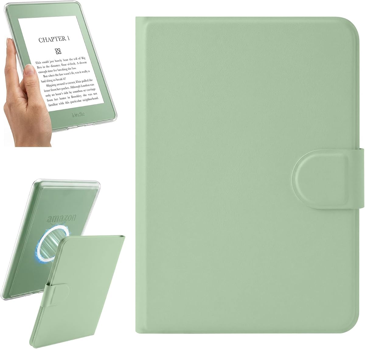 Magnetic Detachable Case for 6" Kindle 11th Generation 2024/2022 Release,Model: RS23CV/C2V2L3, Light PU Leather Cover and Clear Hard Back Shell, Auto Wake/Sleep,Matcha Green