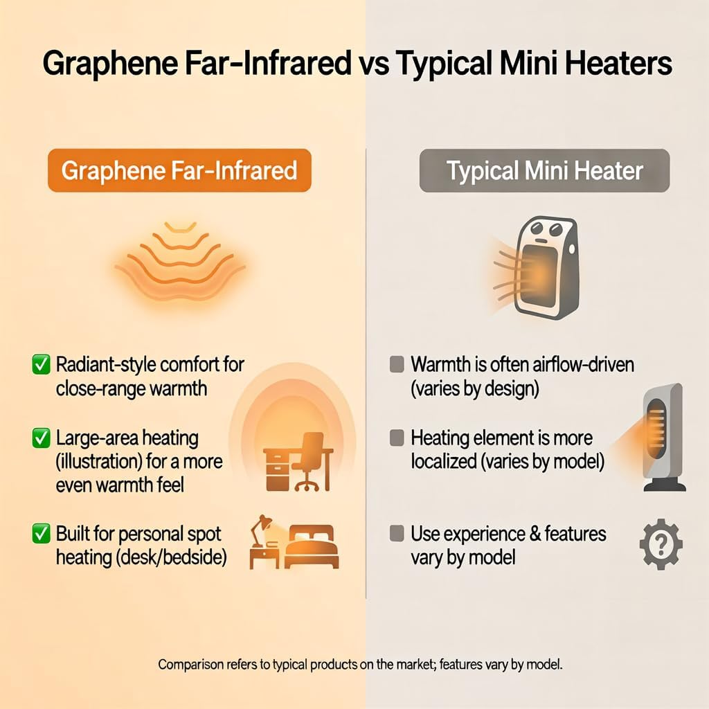 Graphene Far‑Infrared Mini Space Heater, 4 Modes 650/750/1000W + 3.5W Fan Only, One‑Button Control, Portable Handle, Overheat Protection, Compact Personal Desk & Bedside Heater, 120V