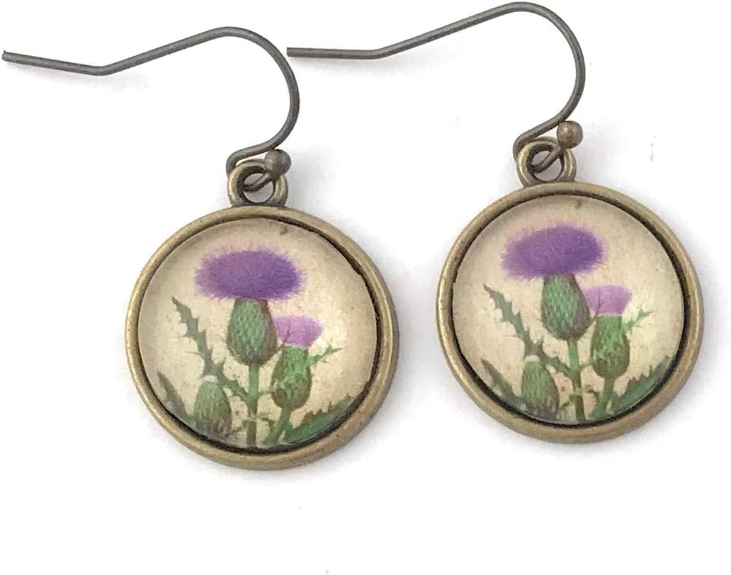 Purple Scottish Thistle Earrings - Vintage Flower Image Cameo Cabochon