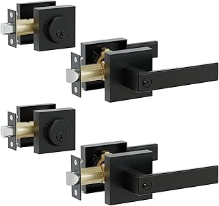 Signstek Keyed Entry Door Handle and Single Cylinder Deadbolt Combo, Heavy Duty Square Door Lock Set for Office and Home Security, Reversible for Right and Left Side, Matte Black, 2 Pack