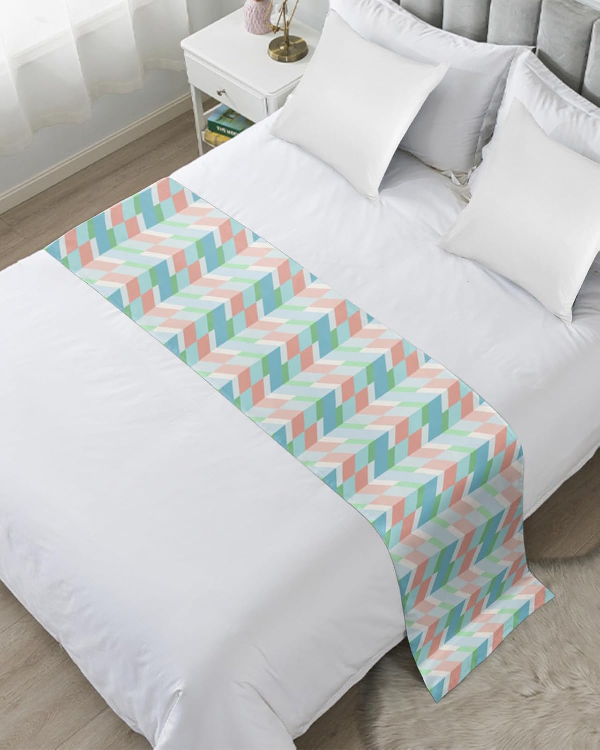 Bed Runner Scarf, Abstract Geometric Blue Pink Green White Herringbone Pattern King Bed Bedding Scarves Cover Decorative Bed Scarf for Home Hotel Guesthouse Bedroom Wedding Room Guestrooms 94"x20"