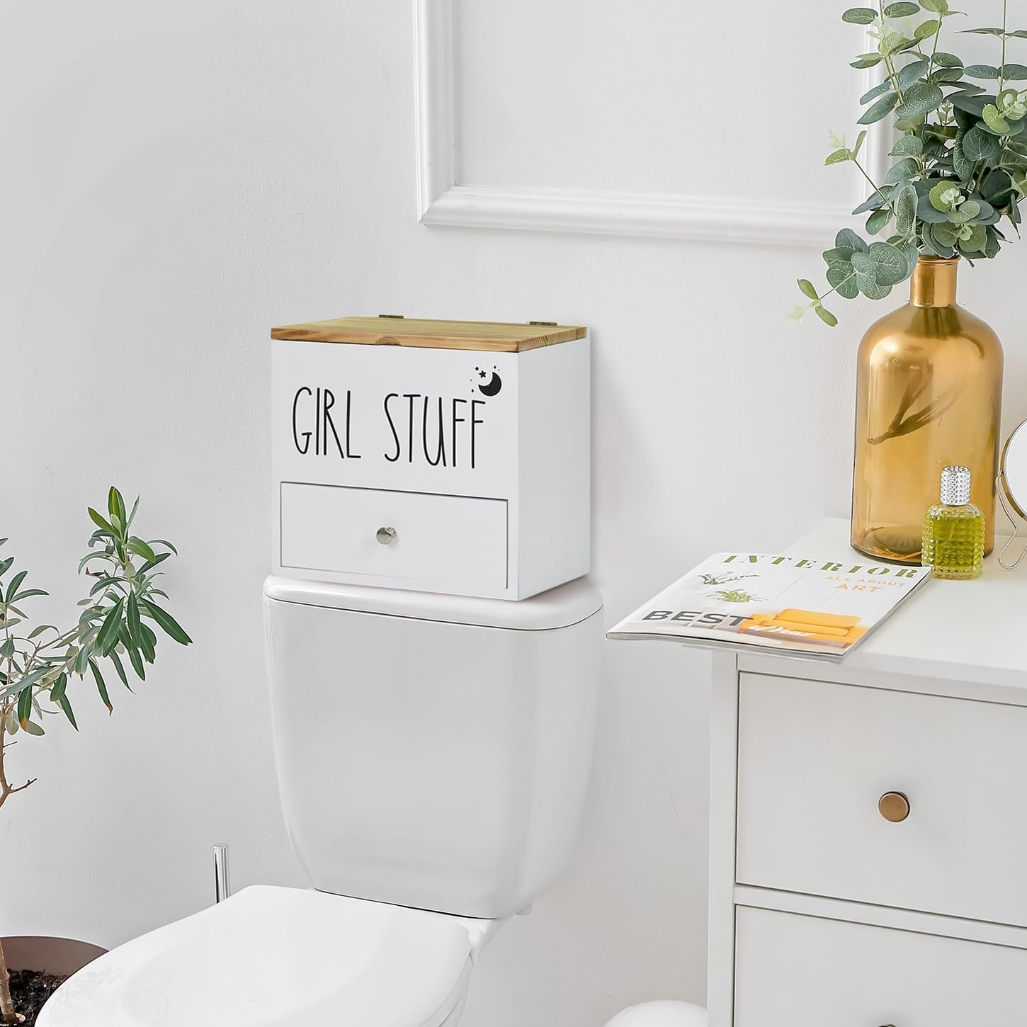 Tampon Holder for Bathroom Decor and Storage, Wood Feminine Product Organizer with Drawer and Lid, Pad and Tampon Organizer Bathroom Accessories Box for Tampon Storage, White Cotton Ball/Swab Holder