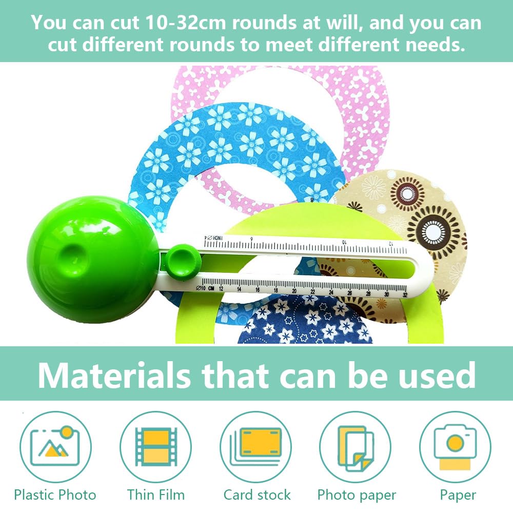 Coupeur de Papier Circulaire, Coupeur de Cercle Papier avec 3 Lames de Rechange, Coupe-Cercle Rotatif, Cutter Circulaire Plastique Réglable, pour Scrapbooking Cartes de Vœux Artisanat, Vert