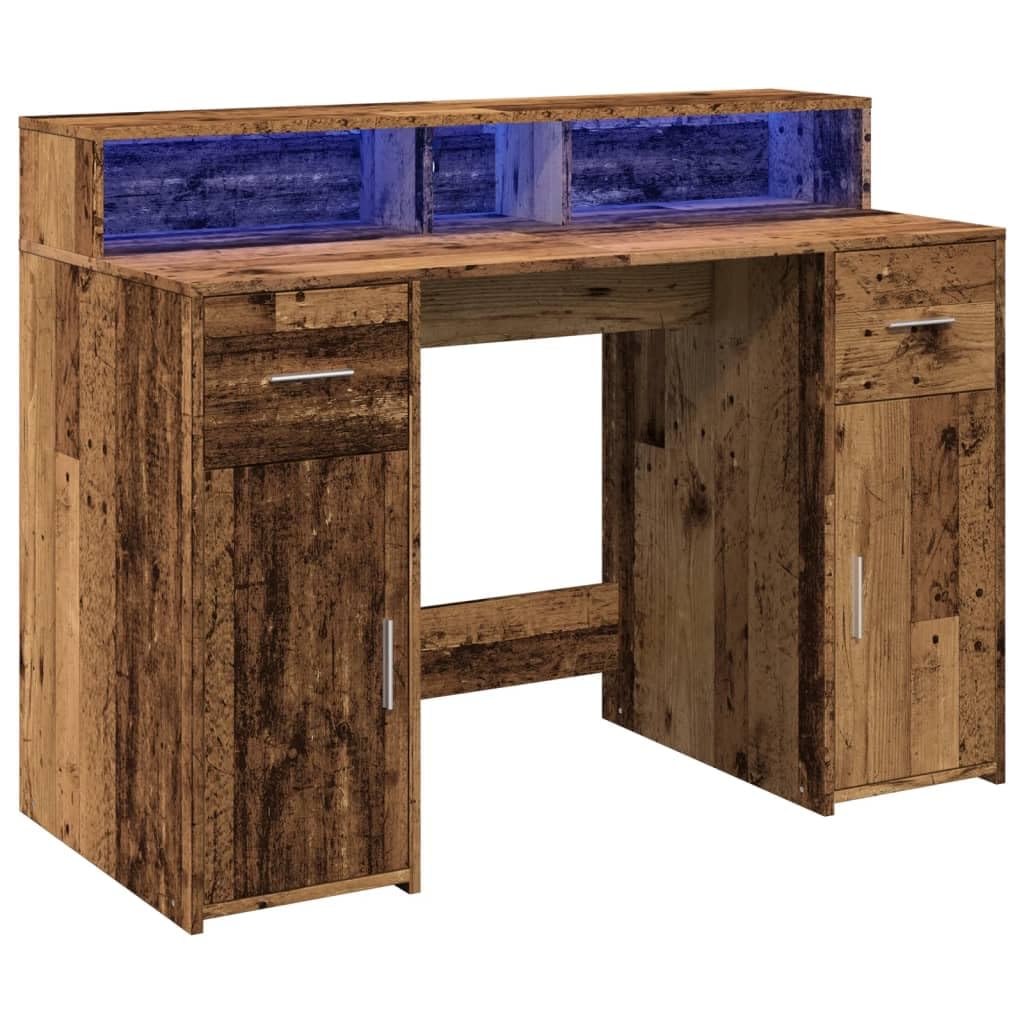 Bureau en Vieux Bois avec lumières LED RVB érgonomique pour Ordinateur PC Gamer Travail et étude Espace de Rangement Angle Pliable Hauteur réglable Assis Debout Chambre Salon étudiant Enfant