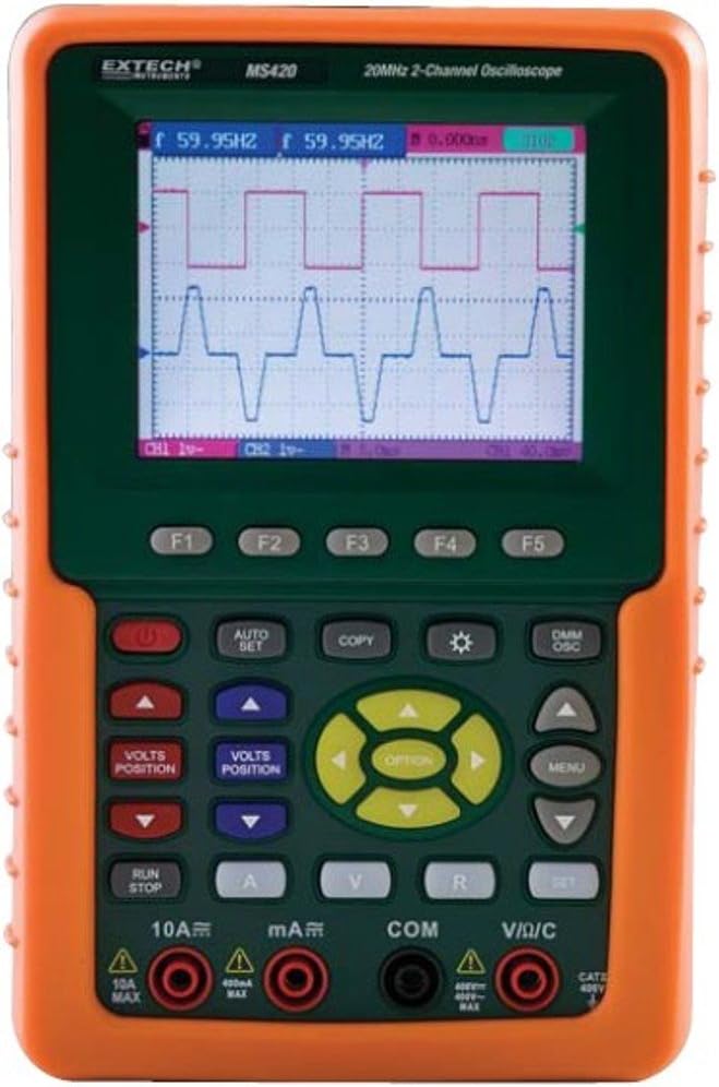 MS420 Digital 20MHz 2-Channel Oscilloscope | 20MHz dual-channel scope + True RMS DMM, voltage/current/resistance/capacitance/frequency, backlit LCD, USB