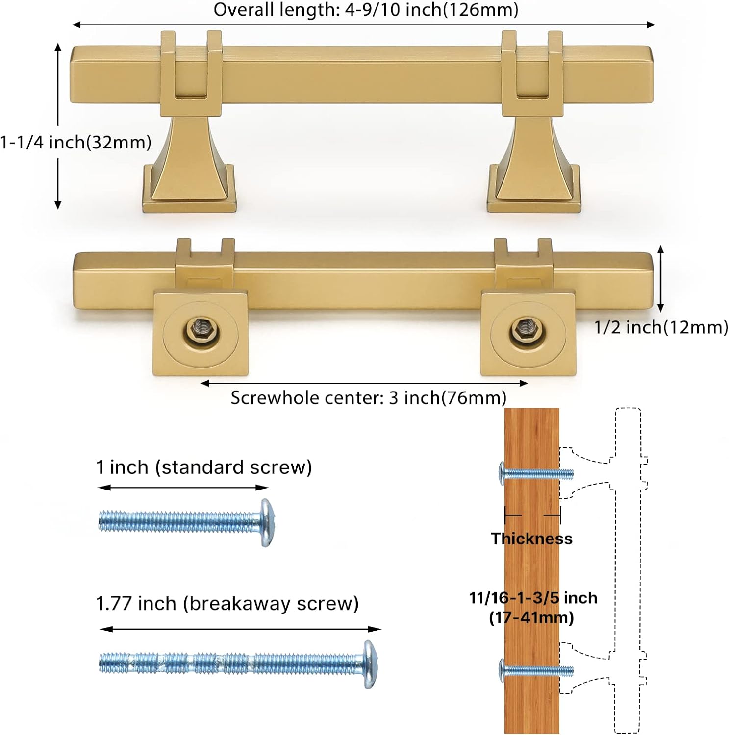 Haliwu 10 Pack Gold Cabinet Pulls, 3 inch Brushed Brass Kitchen Handles Square Dresser Drawer Hardware