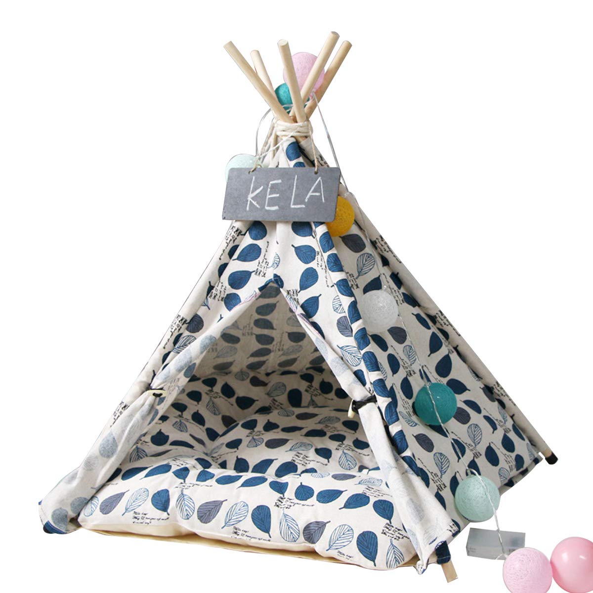 TentHome Tente Tipi avec Coussin pour Chiens Chiots Chats Animaux de Compagnie Niche pour Chien avec Matelas Amovible et Lavable, Feuille Bleue (70cm x 60cm x 60cm)