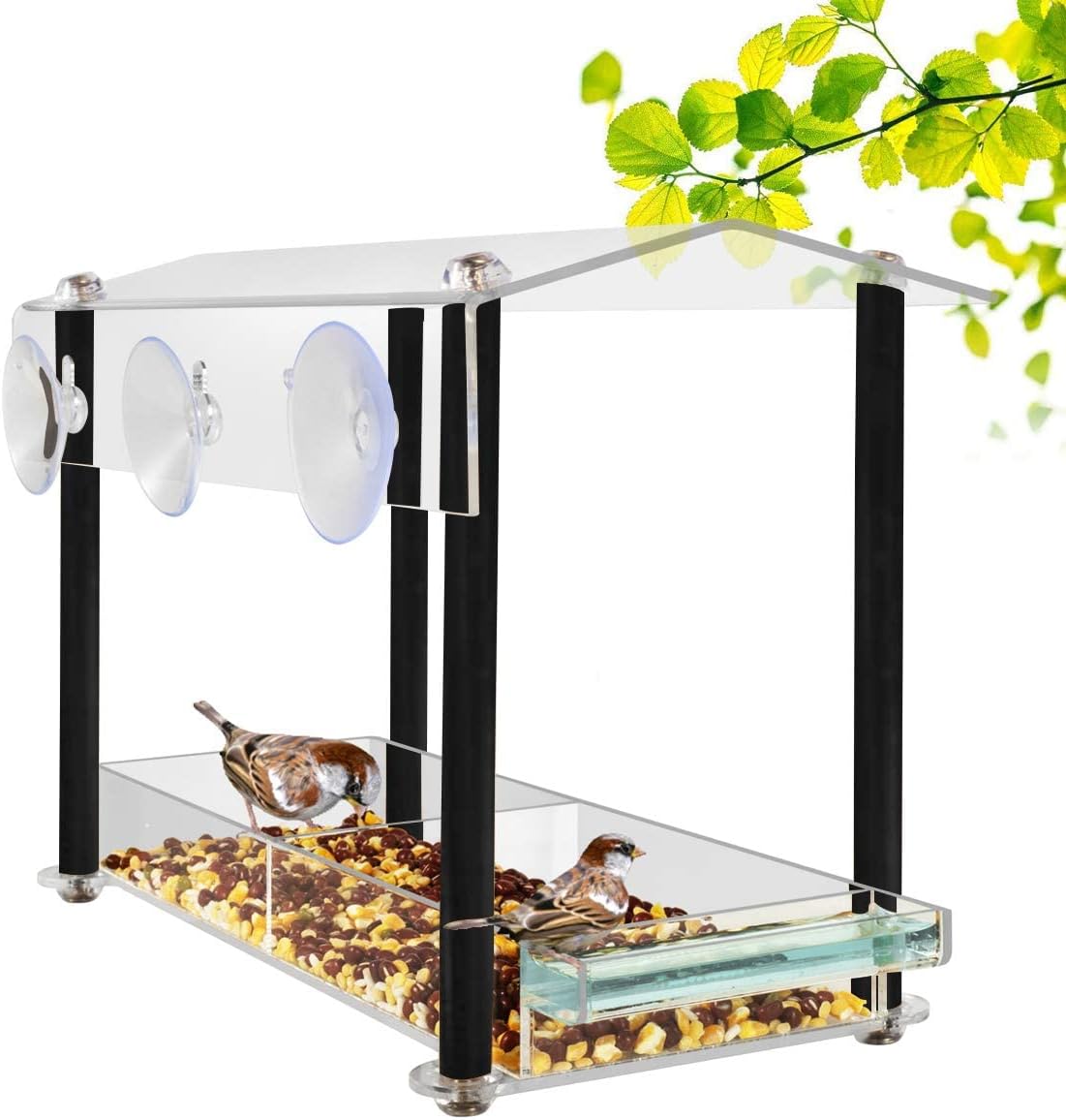 Window Bird Feeder, Large Size with Strong Suction Cups & Seed Tray, Separate Drinking-Water Sink & Wood Pillar Support, Weatherproof with Shield roof & Drain Hole, Outdoor Acrylic Bird House