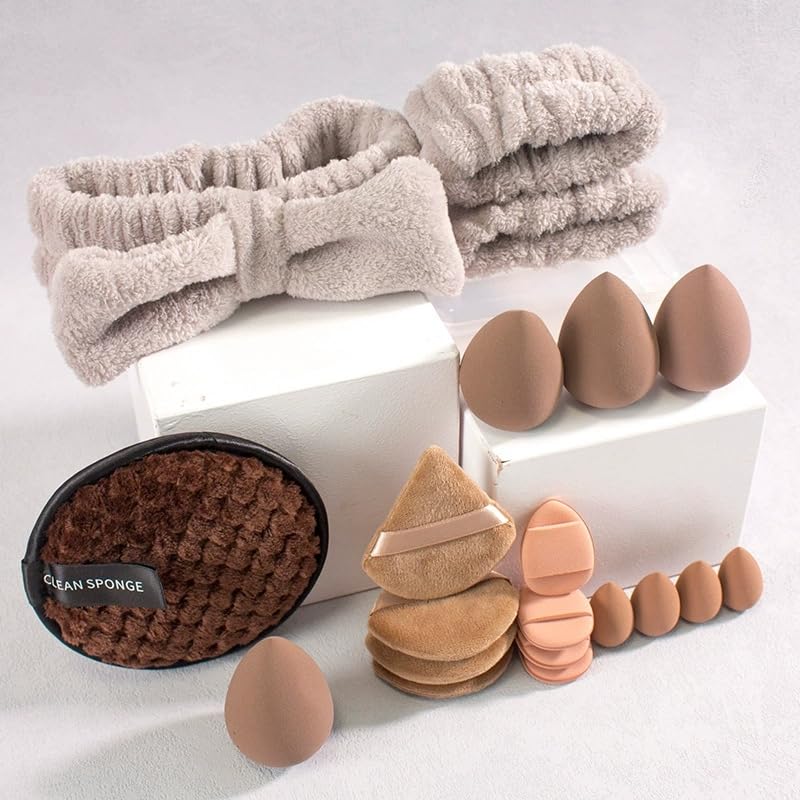 Image of Multi-Shape Makeup Sponge Set | 20 Piece Beauty Puff Collection with Headband and Clean Sponge | Pink, Purple, Beige & Bright Sets | Face Blender Kit for Cream, Liquid & Powder | Aesthetic and Functional Makeup Tool (Brown, 20Pcs)