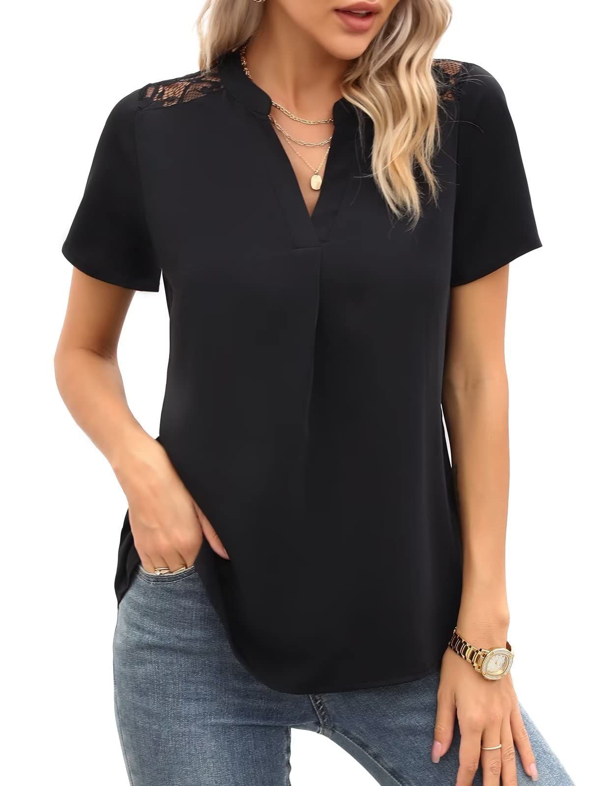 Photo 1 of CiCiBird Women's Business Casual Tops Summer Short Sleeve Notched V Neck Blouses Work Dressy Shirts Black Small