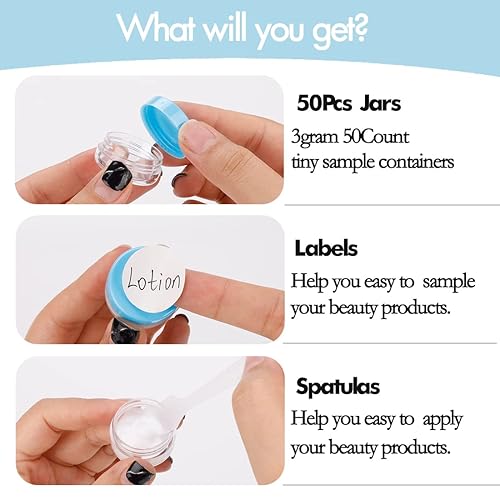 Miniatura 4 de 3 Contenedores de muestra de 3 gramos con tapas, 50 tarros pequeños, envases vacíos para bálsamo labial, contenedores de viaje para maquillaje