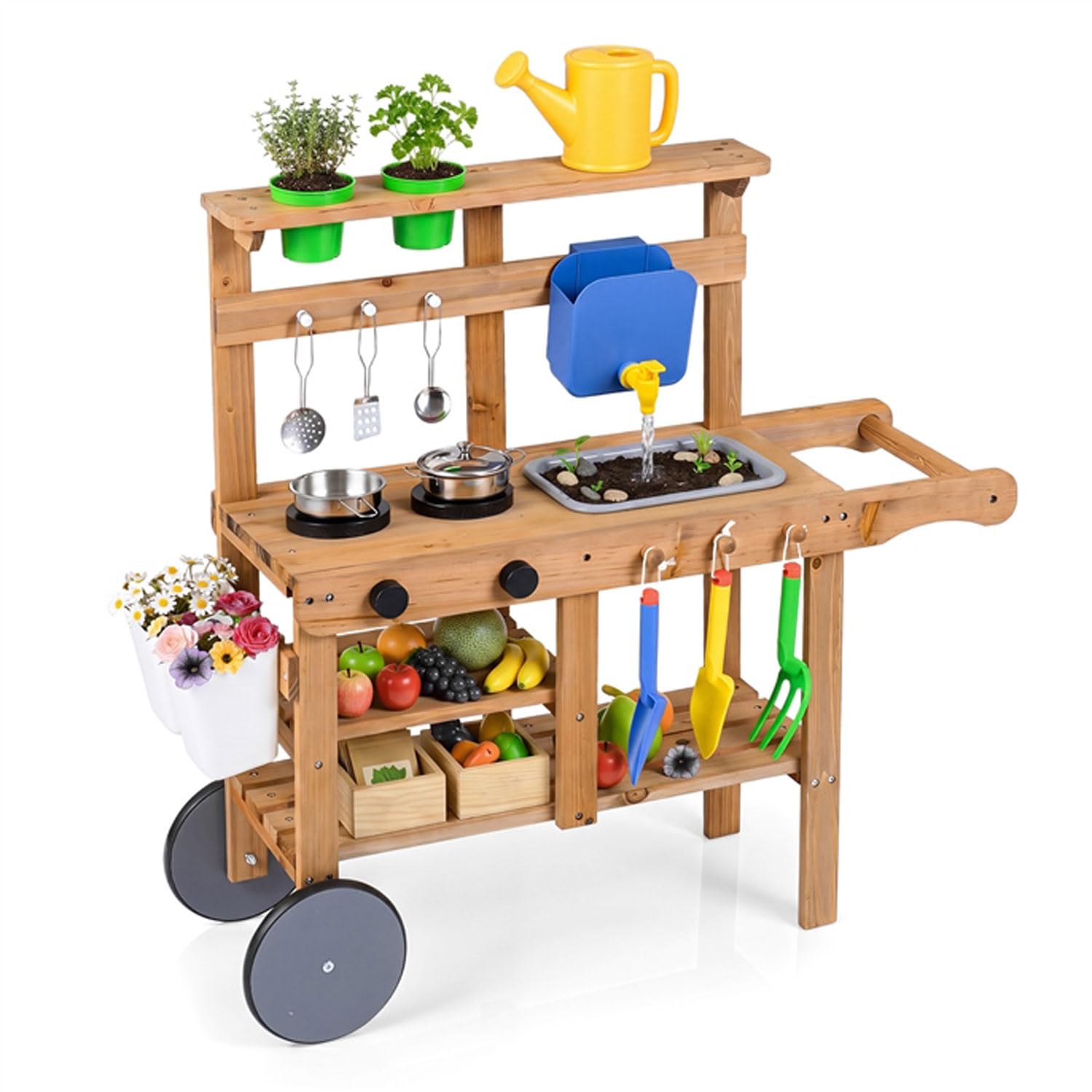 DREAMADE Matschküche Kinder Outdoor, Inkl. Blumentöpfen, Wassertank | Kinderküche mit Spülbecken, 15 Zubehörteilen & Rädern, Spielküche mit Stauraum für Kinder ab 3 Jahren, Natur