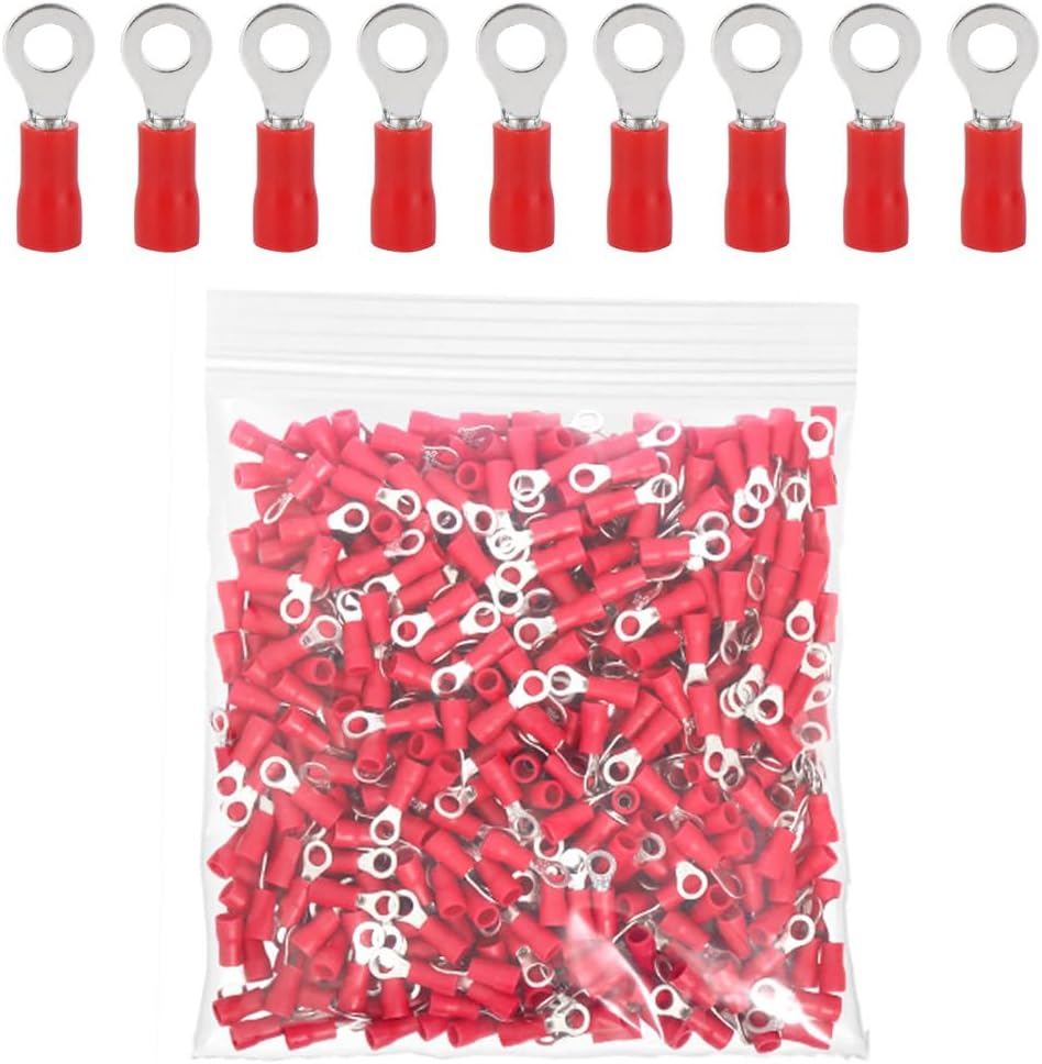 ETOPARS 100Pcs Red M6 Ring Wire Connectors 6.4mm Car Ring Insulated Terminal Connector Copper Butt Crimp Connectors 16-22 AWG Crimp Wire Electrical Crimp Cable Connector Kit