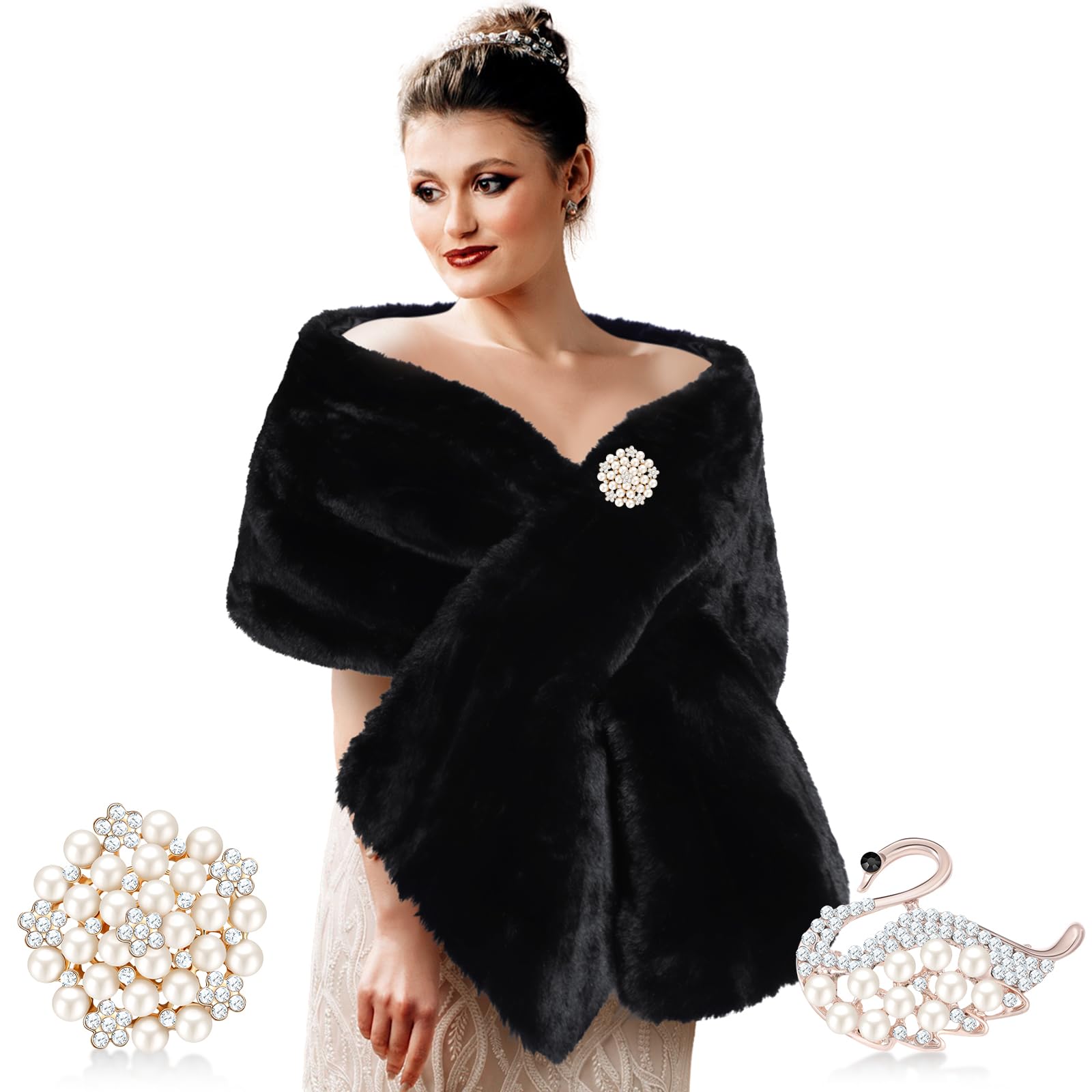 Women's Faux Fur Shawl Wrap Fake Fur Stoles Scarf Shrug Bridal Winter Wedding Evening Dress with 2 Rhinestone Brooches