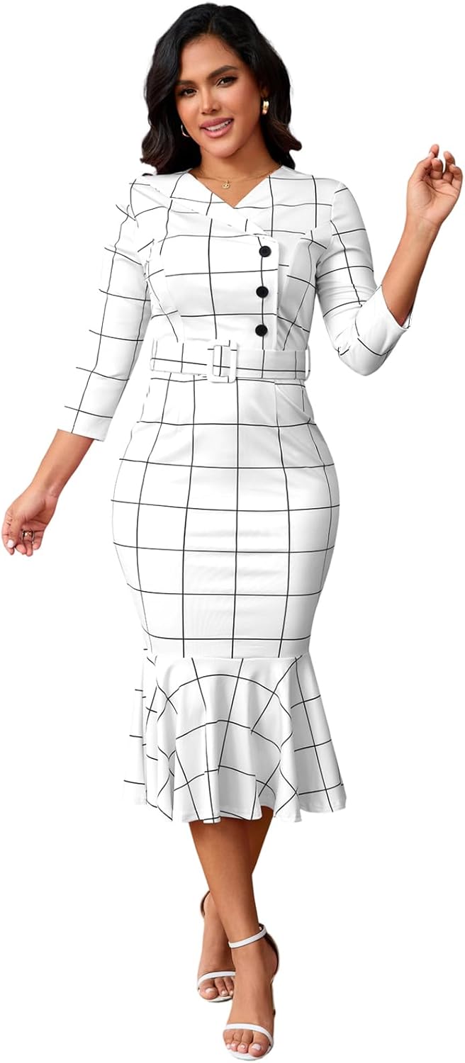 ZonJie Women Work Business Plaid Dress Casual Button Long Sleeve MIdi Dress Classy Bodycon Wedding Guest Dresses - Image 5