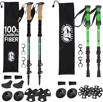 Lightweight Collapsible Trekking Poles for Kids Green & Carbon Fiber Aluminum Walking Sticks with Cork Grips 3k Black & Green with Flip Locks, Adjustable for Hiking, Backpacking & Camping