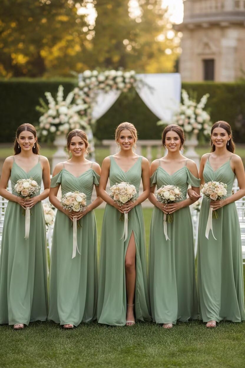 Chiffon Bridesmaid Dresses for Wedding Guest V Neck Ruffles Long Chiffon Formal Party Dress with Pockets BD009