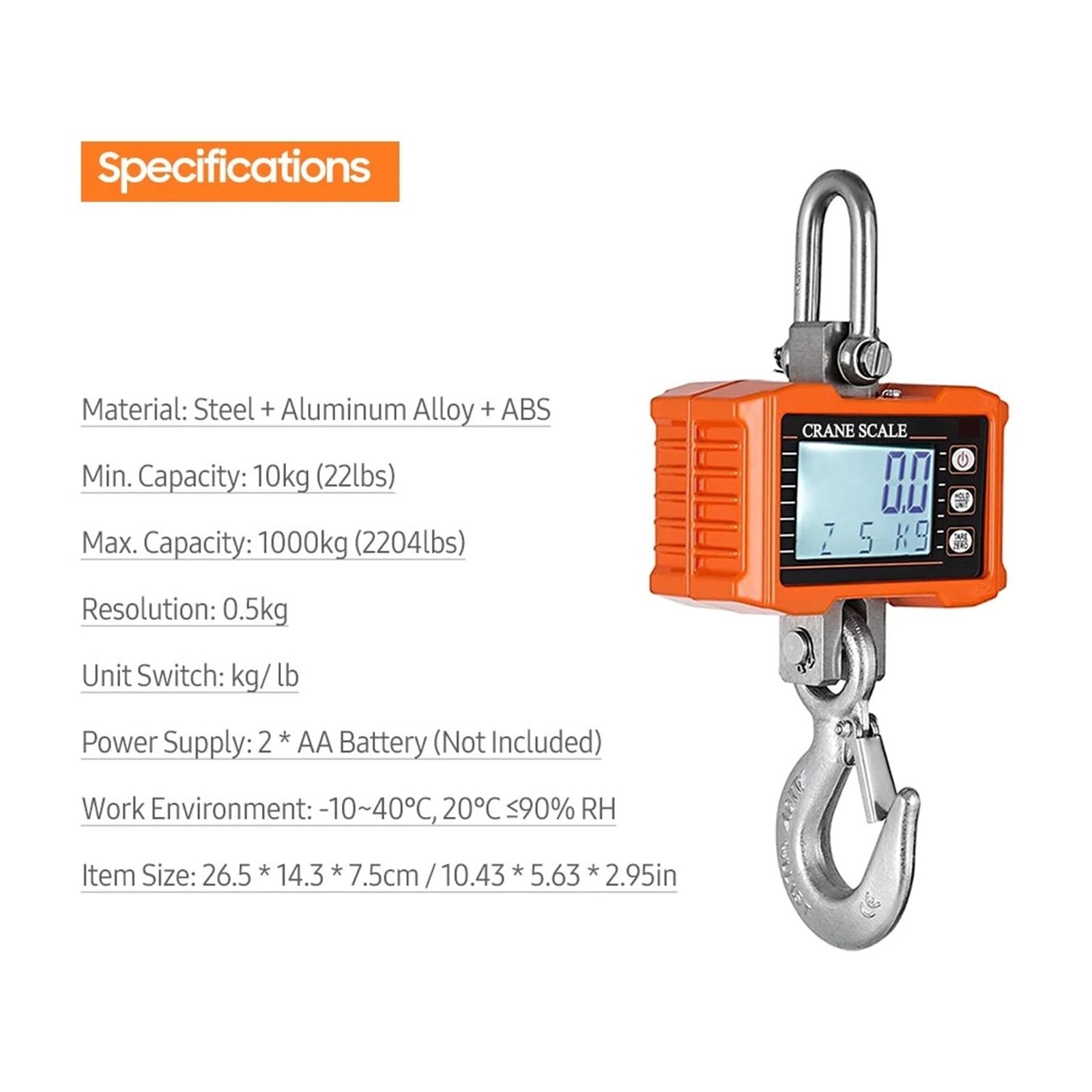 Bilancia Sospesa Digitale A Gancio Industriale Con Retroilluminazione LCD Portatile Da 1000 Kg/2204 Libbre(Orange)