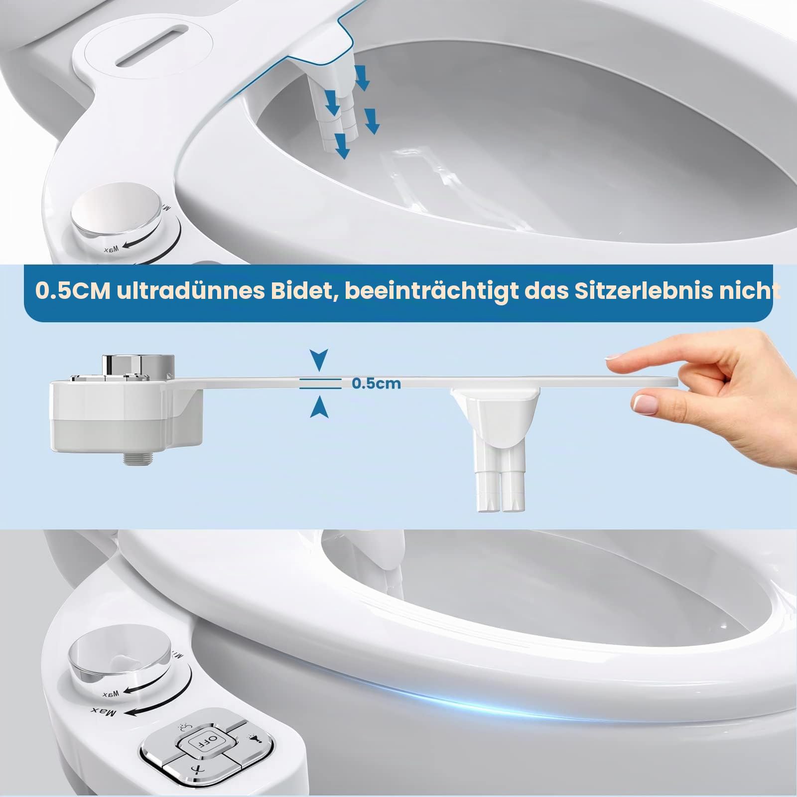 Bidet Aufsatz Für Toilette, Nichtelektrisch Schlankes Druckknopf Bidet WC, Einziehbare Selbstreinigende Doppeldüsen（Verstopfungsschutz）Und Drehknopf Zur Einstellung Des Wasserdrucks (Silber)