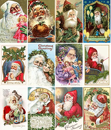 Image of PIXILUV CHRISTMAS SANTA (Pack of 12) Notecards Small Greeting Cards # Vintage Santa Claus with Toys and Christmas Wishes ~ Vintage Christmas Postcards Reprint