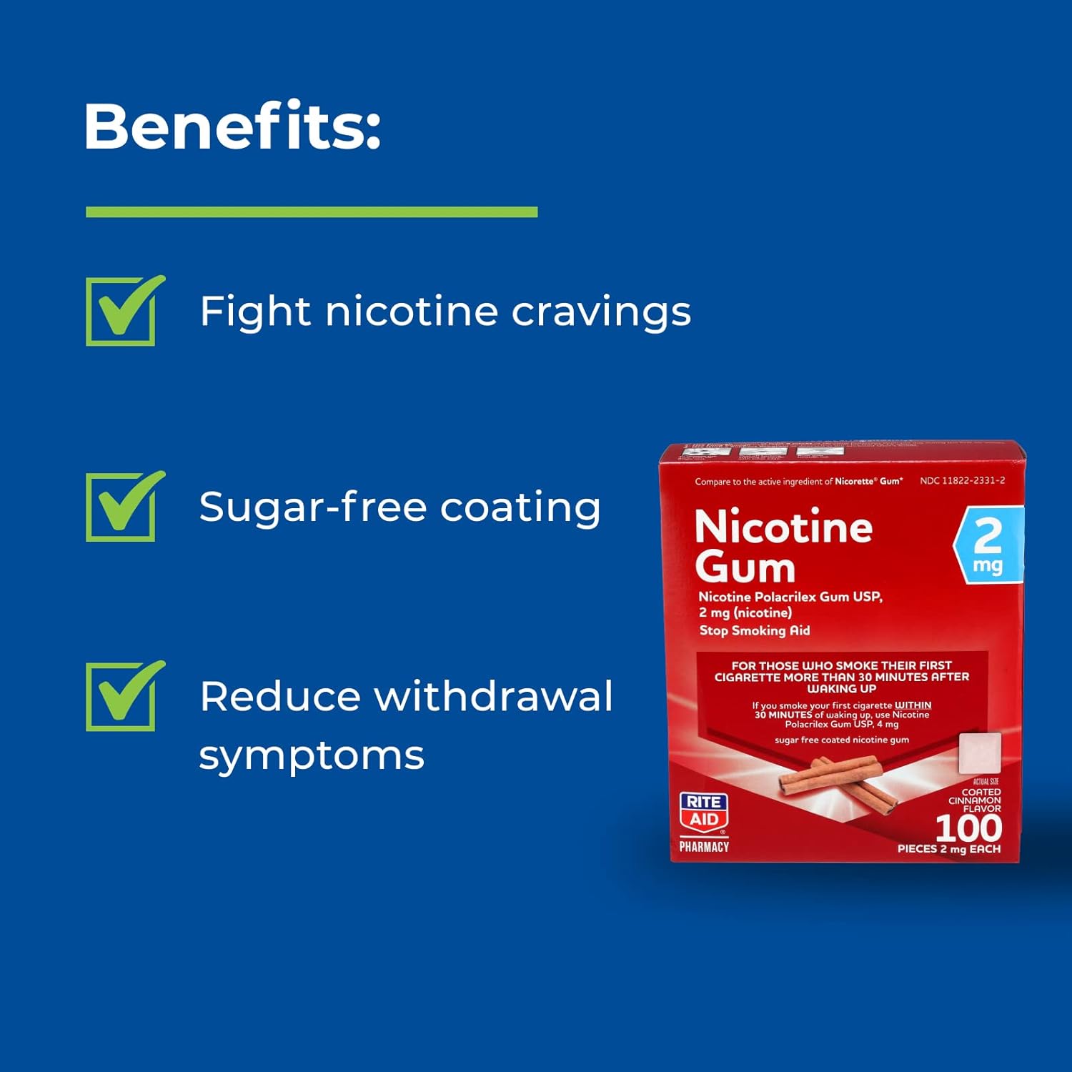 Rite Aid Nicotine Gum, Coated Cinnamon Flavor, 2 mg - 100 Count | Quit Smoking Aid | Nicotine Replacement Gum : Health & Household