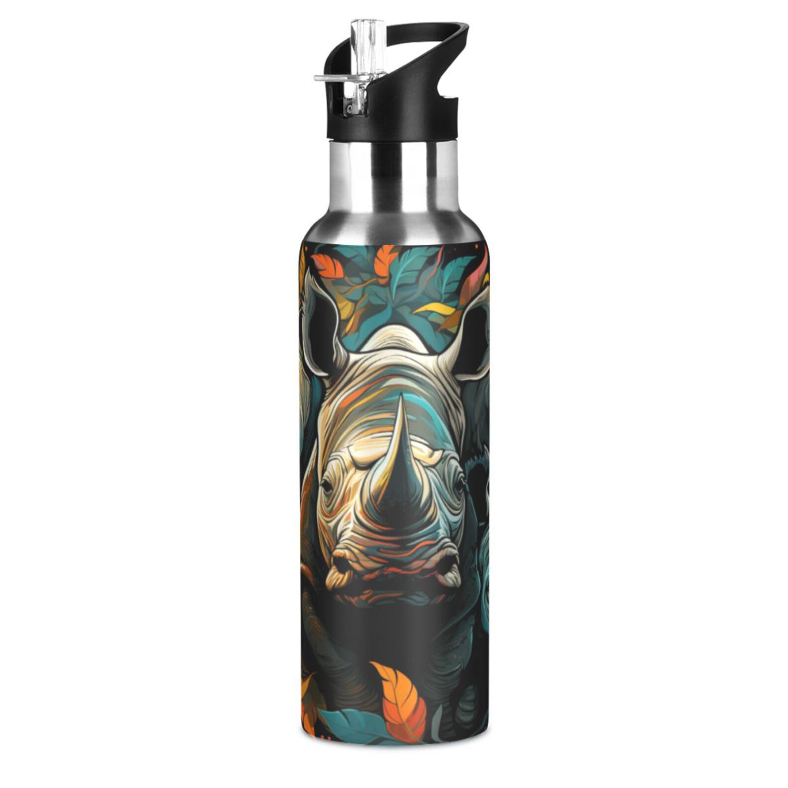 Wzzzsun Wild Animal Rhino Rhinoceroses Water Bottle Insulated Sport Vacuum Cup Stainless Steel Jug for 600ML Coffee Tea