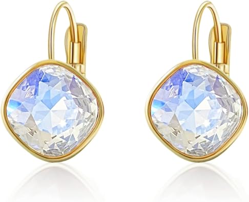 Austrian Crystal Square Drop Dangle Leverback Earrings | Plated 18K/Rose Gold Zircon Gemstone Birthstone Hoop Hanging Dangly Earrings Jewelry Gift for Wife Mom Daughter Girlfriend