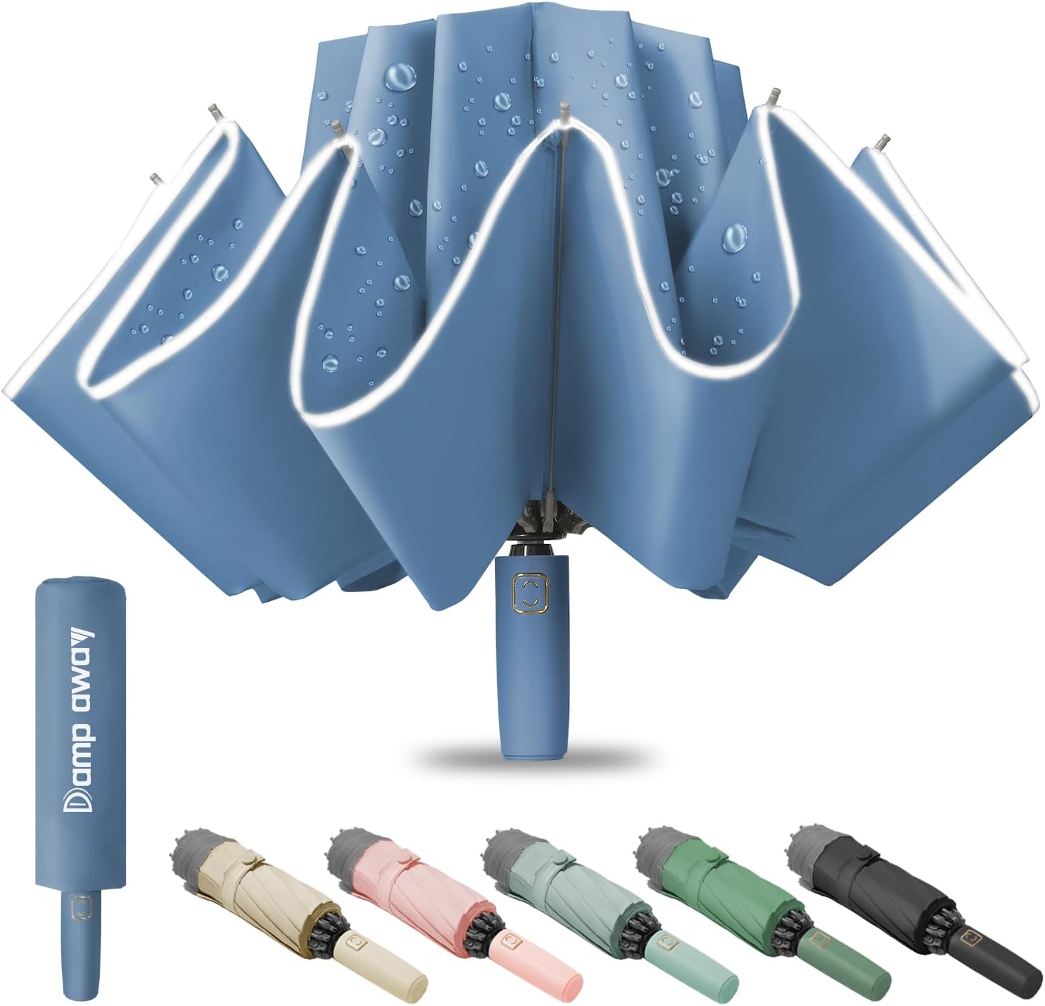 Damp away Windproof Travel Umbrella for Rain, Large Portable Reverse Folding Car Umbrella, Inverted Design, Compact Auto Open Close with Durable Waterproof Canopy, Fits Backpack/Women Men, 45.6 Inch