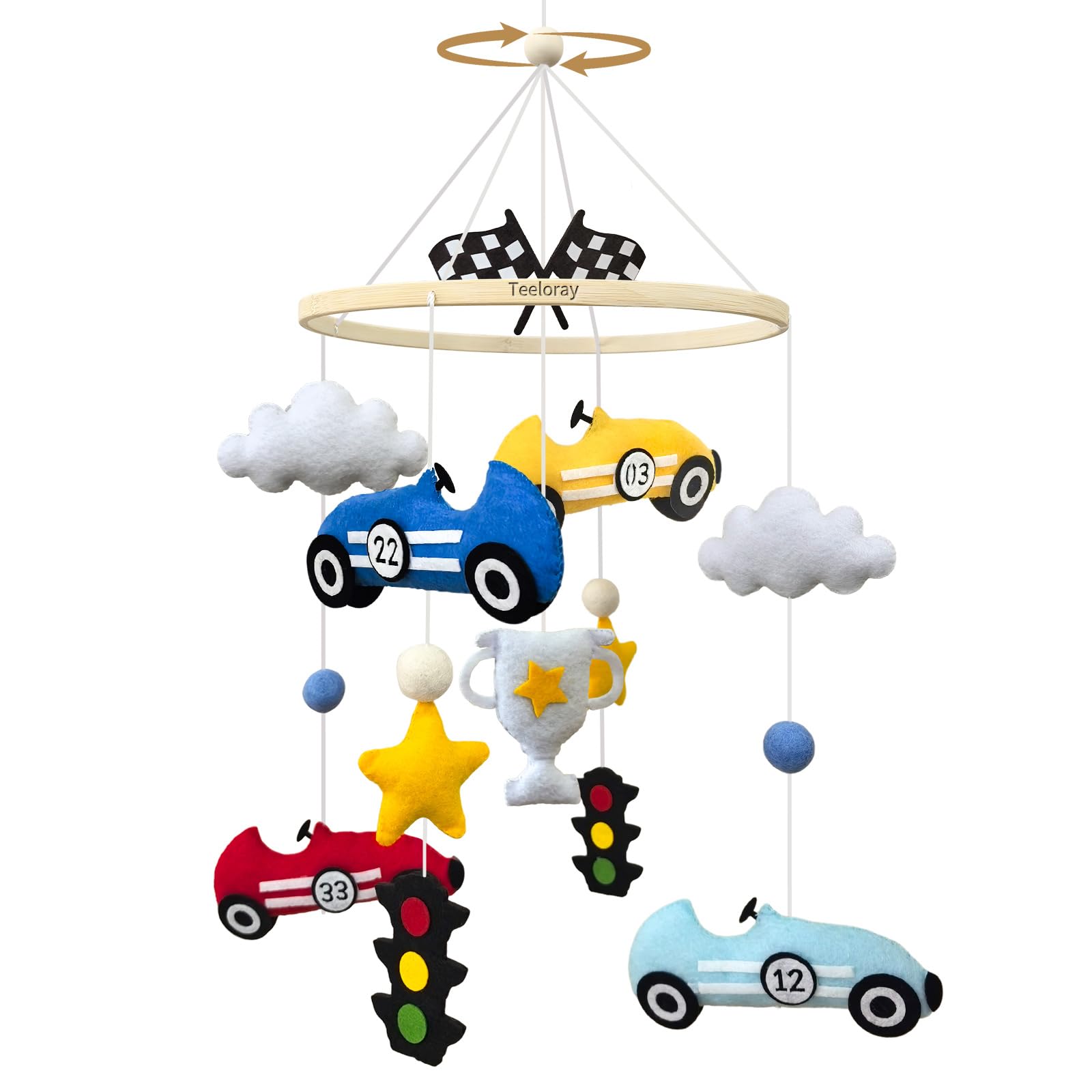 Mobile pour bébé pour berceau, voiture de course, berceau pour garçons, fait à la main, décoration de chambre d'enfant, drapeau de course à carreaux noir et blanc, décoration à suspendre
