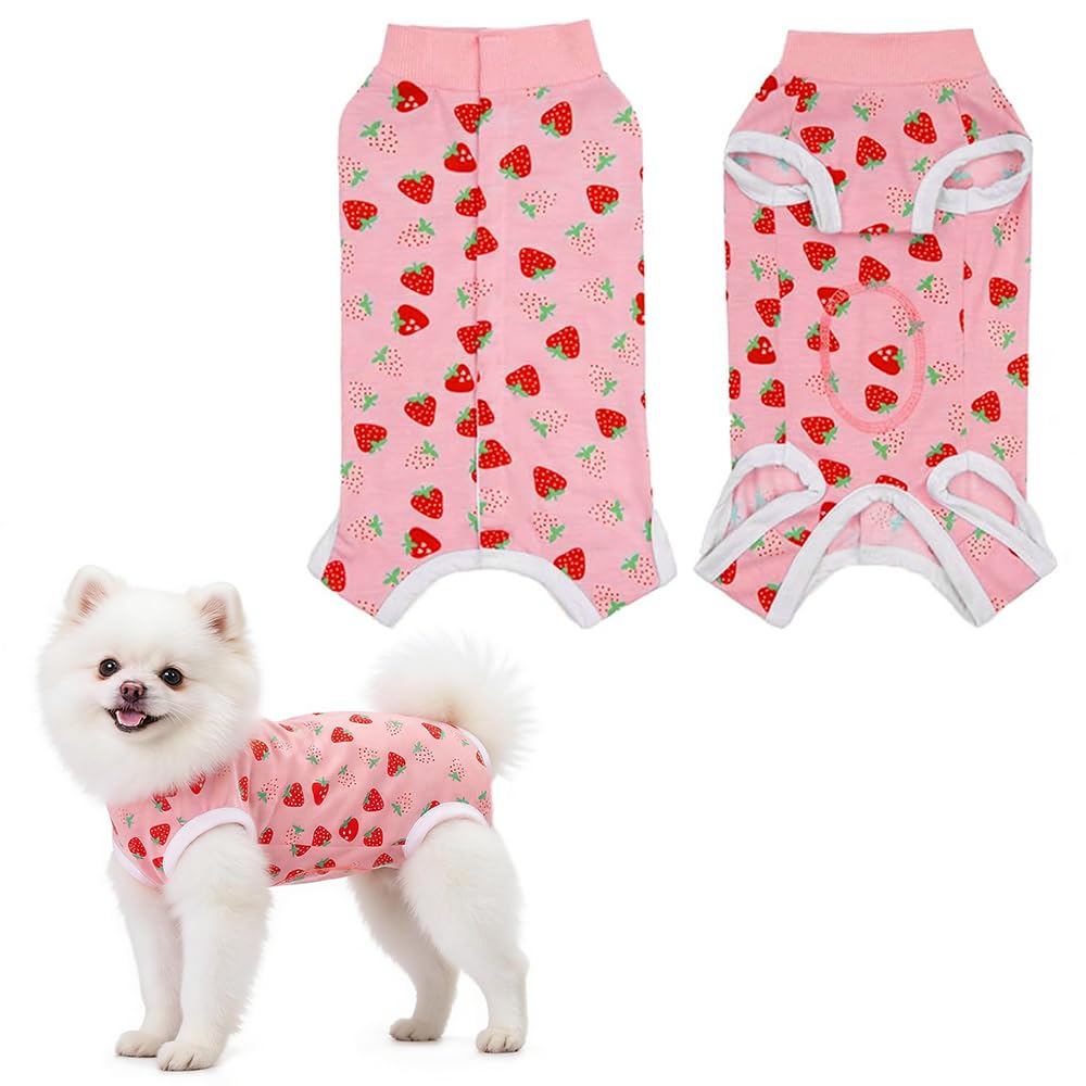 Dog Recovery Suit Surgical Vest Breathable Cotton Pet Bodysuit Anti-Licking Abdominal Wound Protector Thin Strawberry Jumper Soft Puppy Pyjamas for Small Dogs Spay Neuter Alternative Size S Pink (M)
