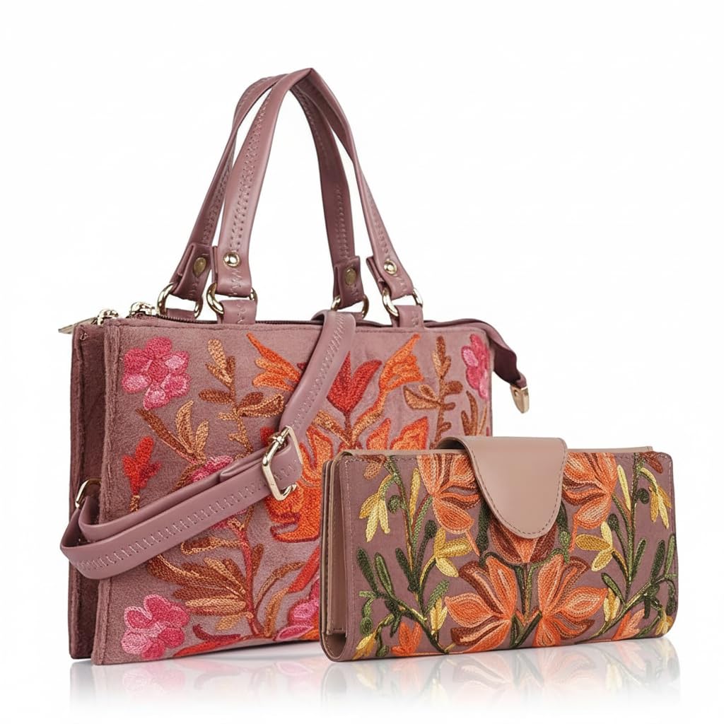 eveda Embroidered Floral Handbag Set, Black Leather with Coral and Silver Flowers, 2-Piece Purse Collection with Shoulder Straps-picture-41