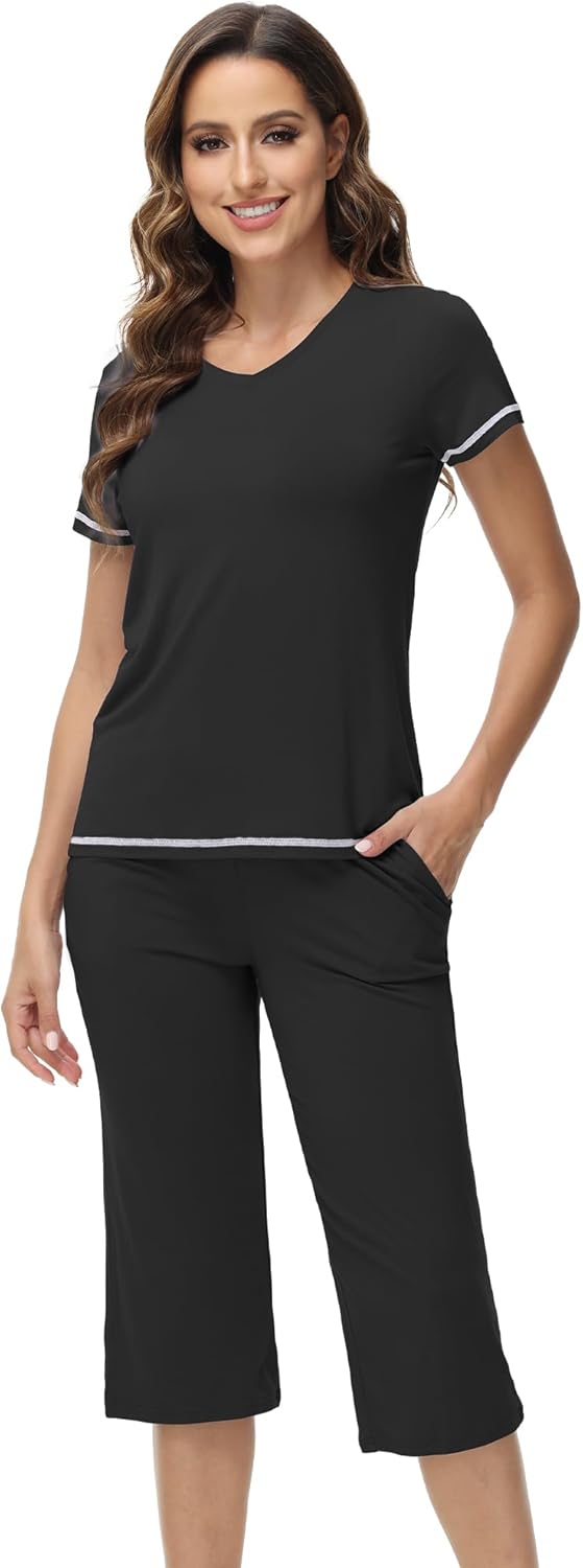 WiWi Pajamas for Women Short Sleeve Top and Capri Pants-Viscose from Bamboo Soft 2 Piece Capris Pjs S-XXL