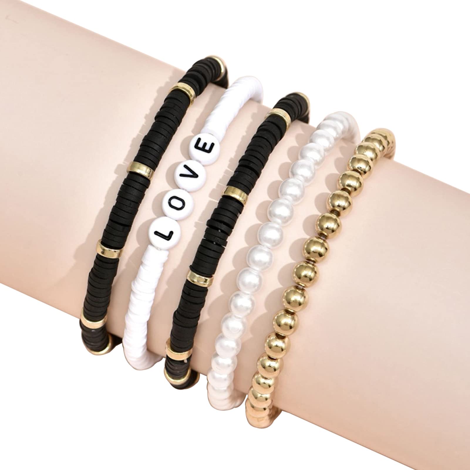 Washranp Charm Bracelet for Women, 5Pcs Unisex Bracelets Colorful Bohemian Polymer Clay Love Letters Faux Pearls Bracelets for Valentine's Day Gift