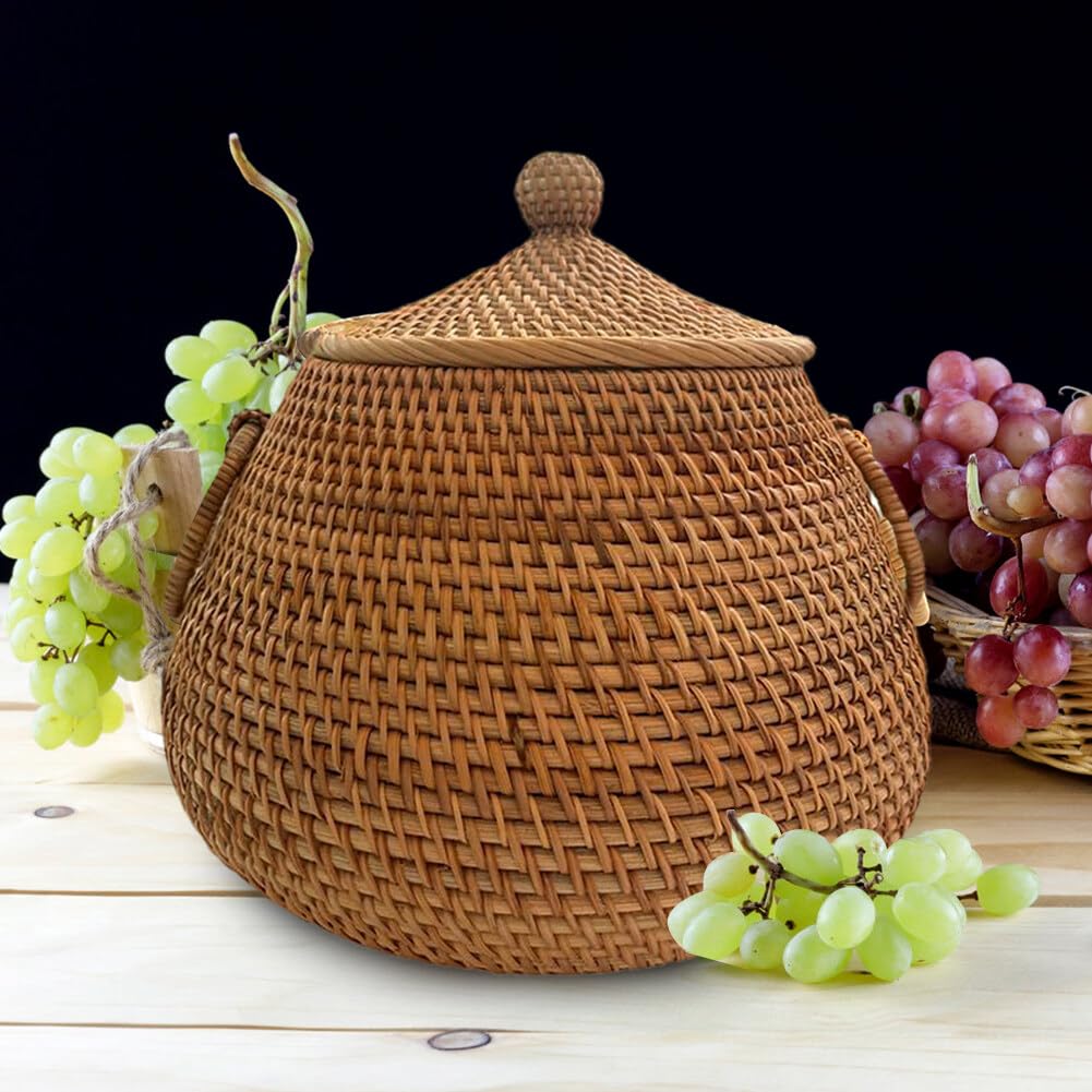 Cesto portaoggetti in vimini con coperchio-cestino in rattan Cesto per frutta rotondo in rattan naturale leggero intrecciato a mano per frutta, verdura