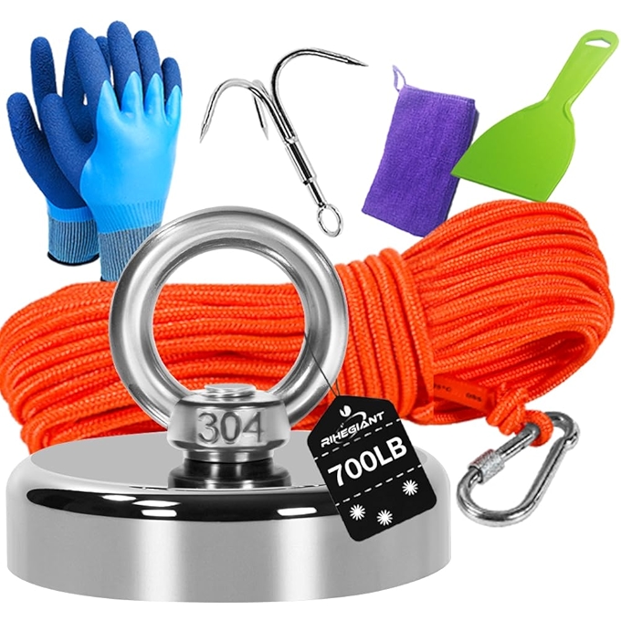 强力钓鱼磁铁 N52 钕磁铁 带耐用绳索 700lb 单面磁力回收工具