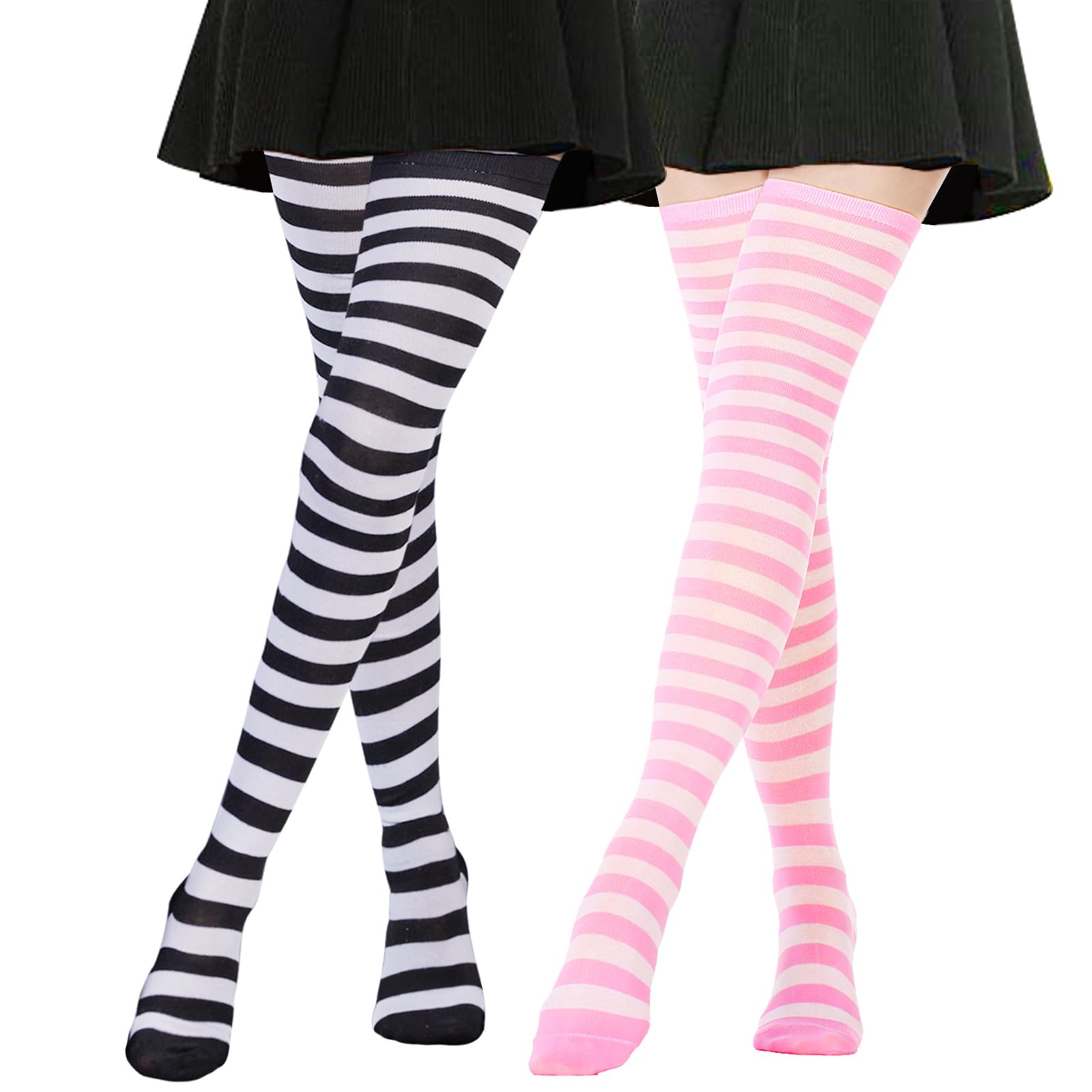 AQOKKA Extra Long Thigh High Socks for Women Striped Long Stockings