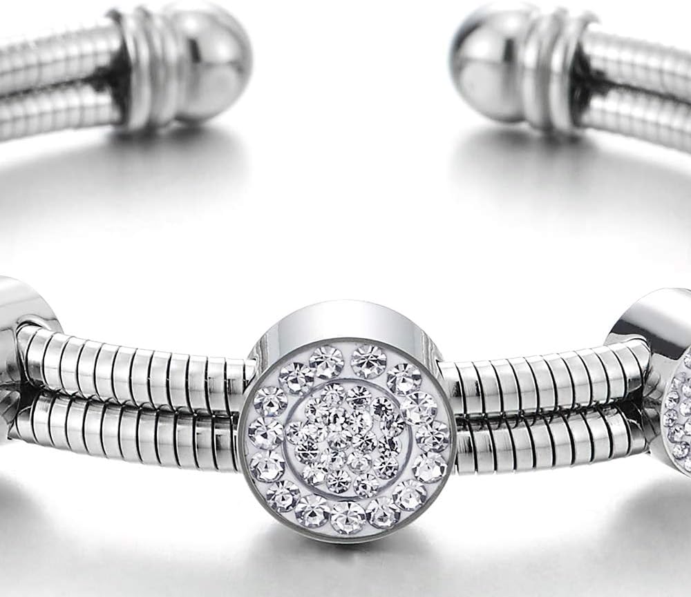 COOLSTEELANDBEYOND Two-Row Womens Steel Open Cuff Bangle Bracelet with Cubic Zirconia Circles Charms, Adjustable - Image 2