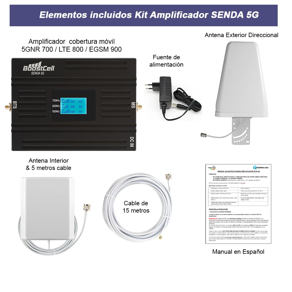 Senda 5G. Amplificador Cobertura telefonía móvil 5G / 4G Zonas Rurales. 5G 700 (Banda 28) -4G 800 (Banda 20)- EGSM 900 (Banda 8). Compatible con Todas Las compañías de telefonía de España.