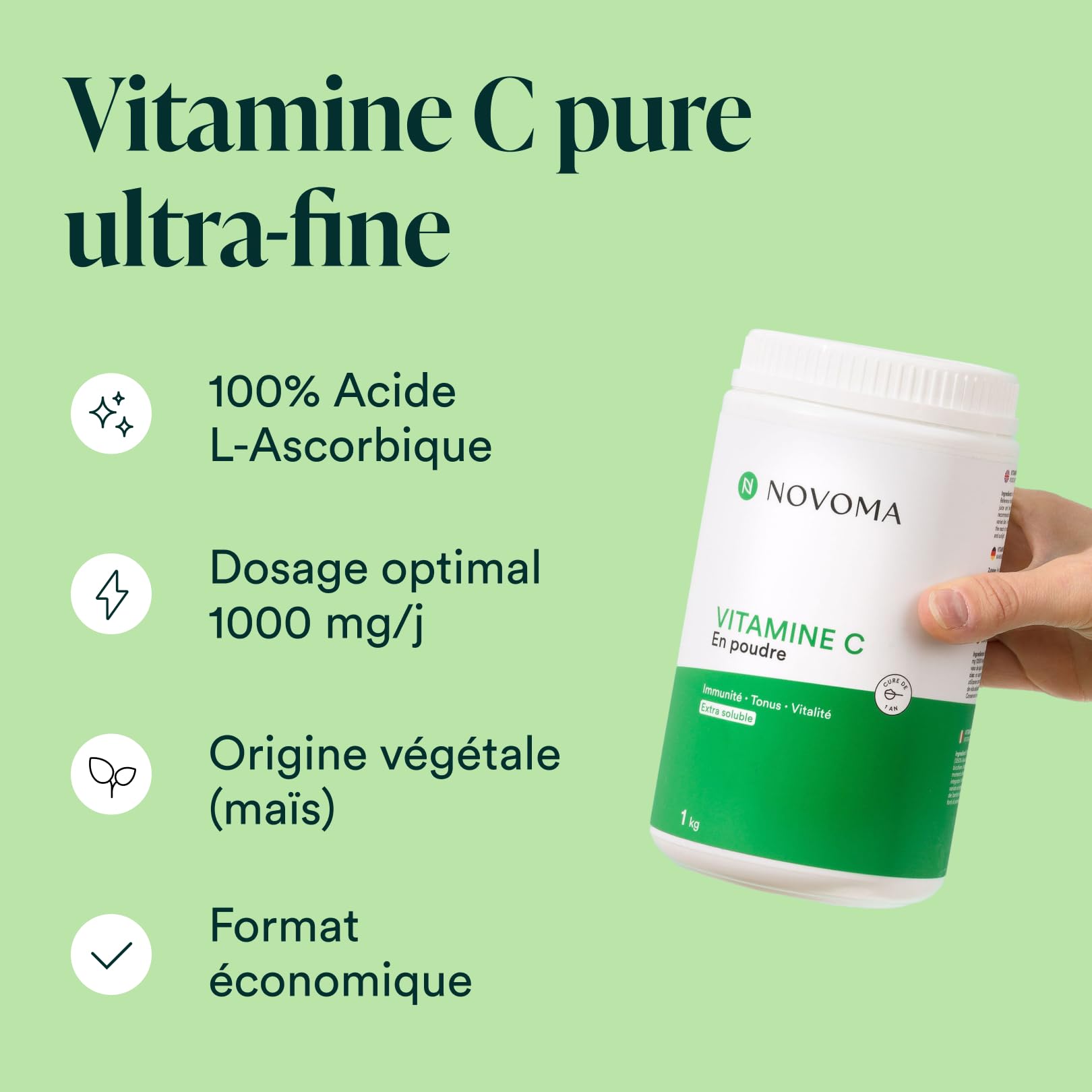 NOVOMA Vitamine C Pure 1kg, 1000mg par dose, Acide L-Ascorbique en Poudre Ultra Fine, Puissant Antioxydant, Système Immunitaire & Fatigue, Cuillère Doseuse Incluse