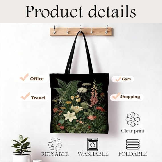 Flower Canvas Tote Bag, Cute Reusable Shoulder Bag for Shopping Travel