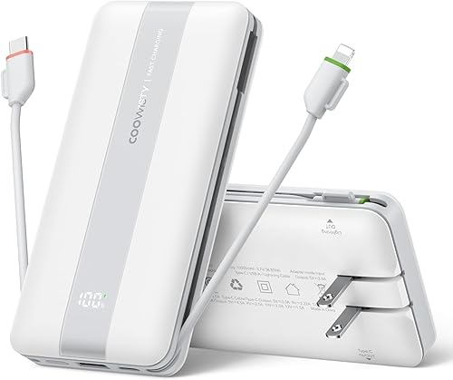 Cargador portátil, delgado 10500mAh 22.5W cargador de energía de carga rápida con cables integrados y enchufe plegable de pared de CA, 4 salidas, 3