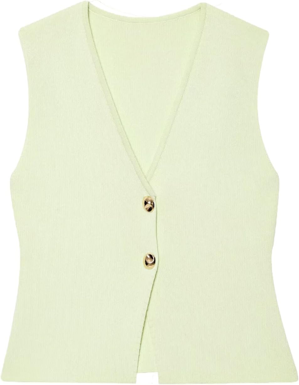 B88726 Women's Sleeveless Knit Vest, V-Neck Button Front Cardigan Sweater Vest (US, Numeric, 12, 14, Regular, Long, Light Green)
