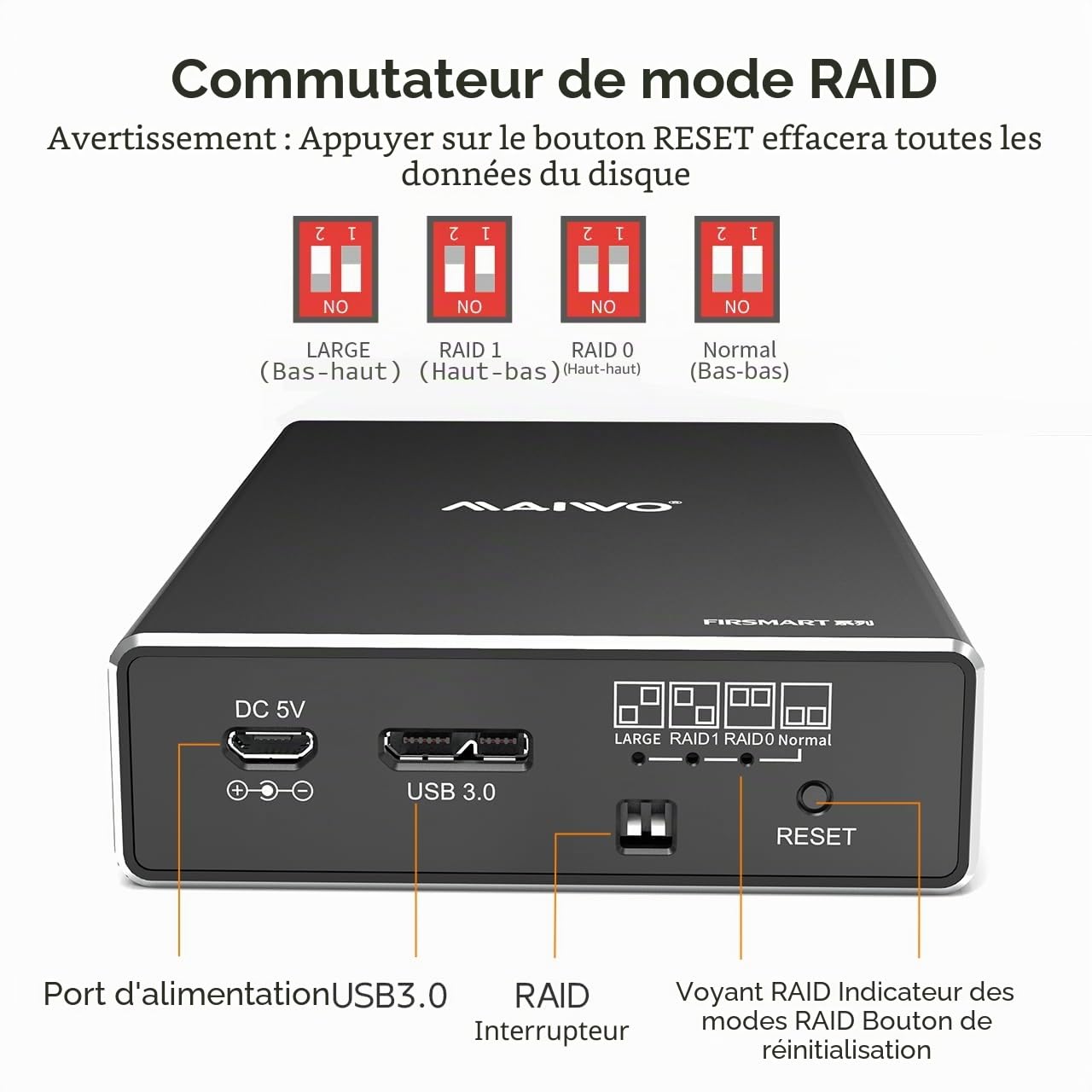 MAIWO Dual Bay Boîtier Raid SATA 2,5", boîtier de Disque Dur Externe pour Disque Dur SSD SATA 2,5", Raid 0/1, USB 3.0 6 Gbps avec UASP, capacité de 16 to, Aluminium