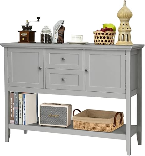 Miniatura 10 de Buffets y aparadores de madera, armario de buffet con 2 cajones de almacenamiento, mesa consola con estante inferior largo y patas de pino, gabinete