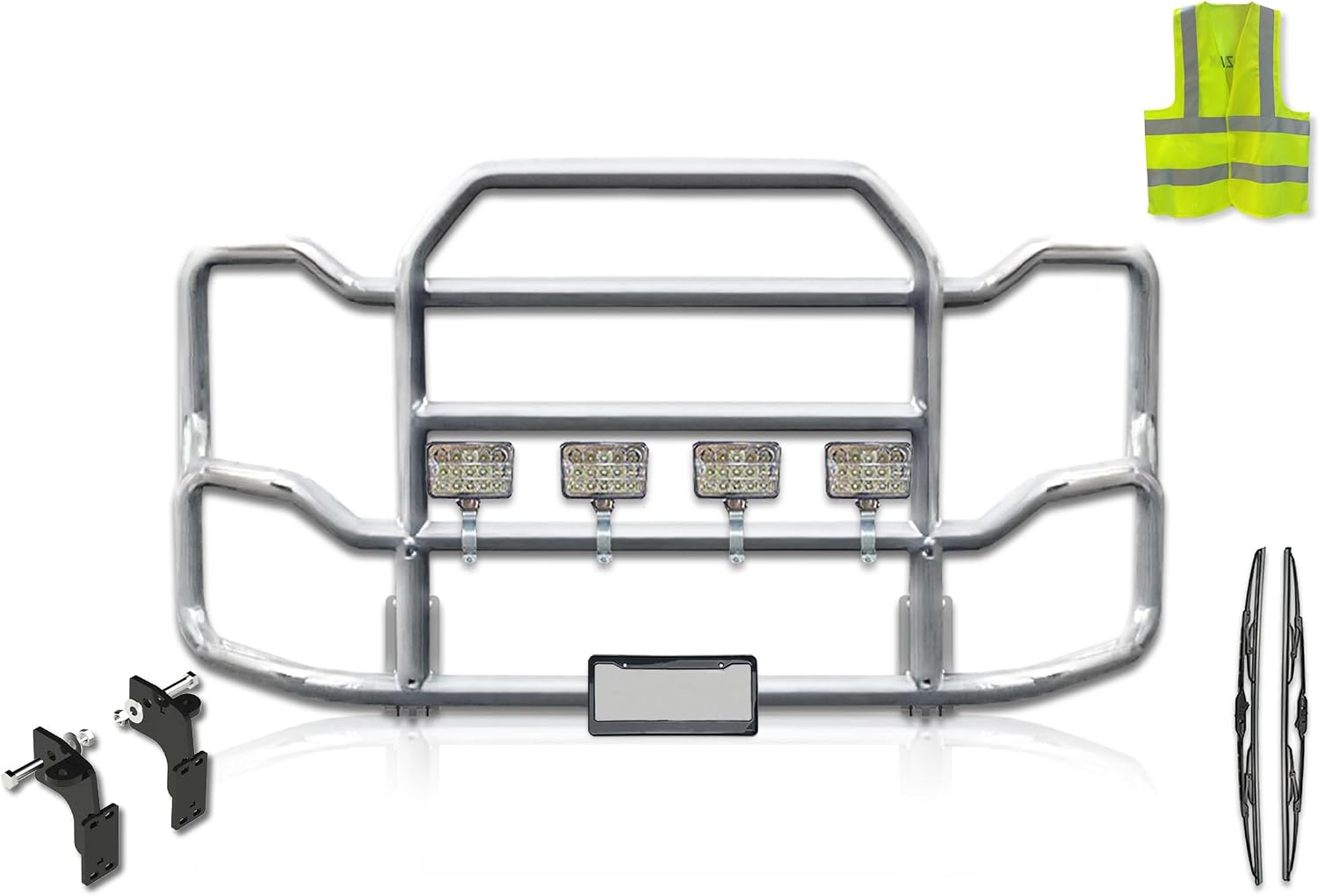 Front Grille Deer Moose Brush Bumper Guard Large w/ 4x 6" Square LED Headlights Compatible with Mack CH Set-Back 2004-Current PLUS Brackets, Wipers, License Plate Holder and Frame, Vest