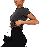 Vista 2 de Pivanzore Camiseta corta para mujer, cuello redondo, manga corta, color sólido, ajustada, casual, básica, ajustada, ropa de calle