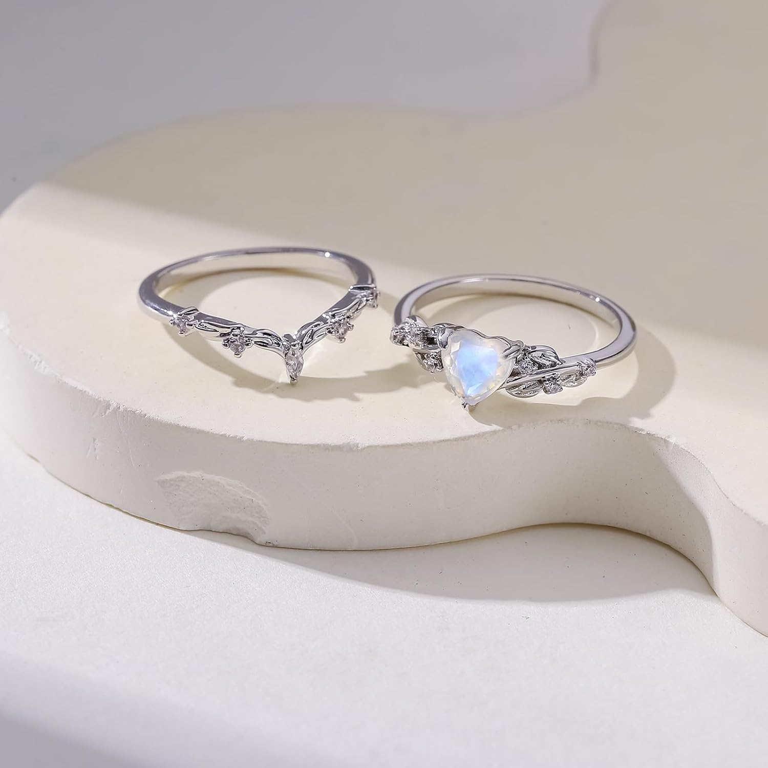 Natural Moonstone/Black agate Heart Crystal Ring Set,Crystal Birthday Promise Jewelry Gift for Women