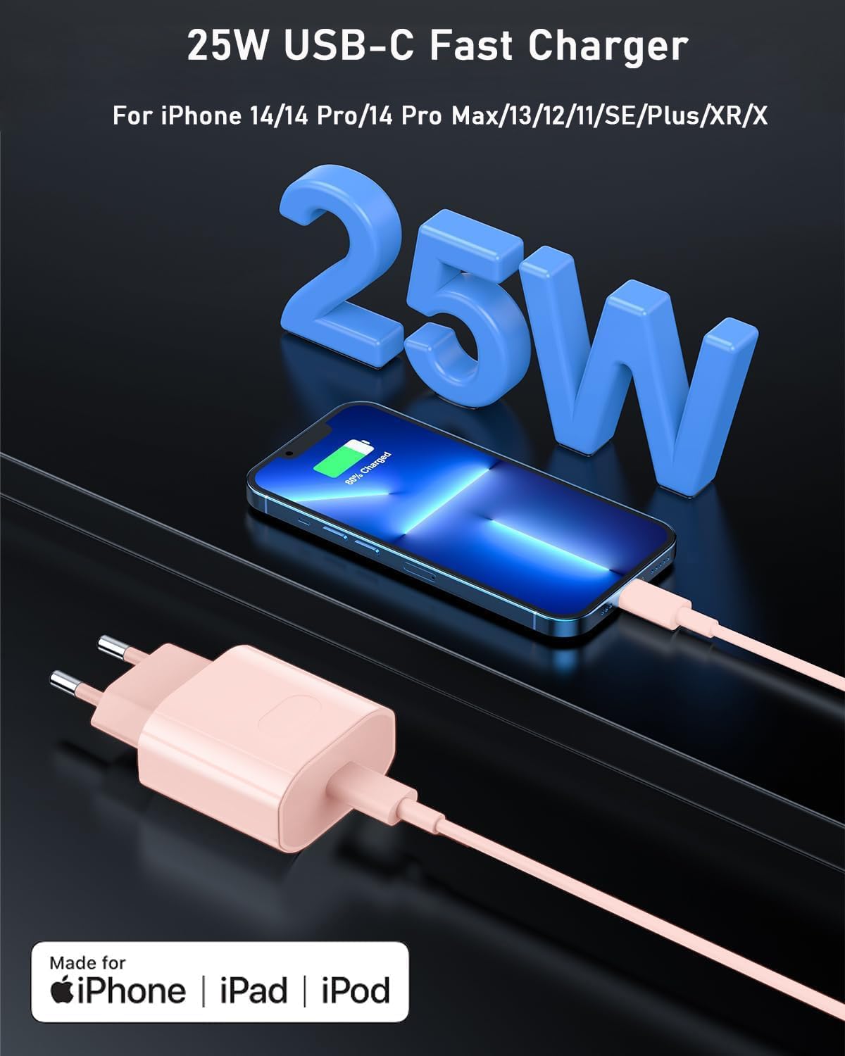 Caricatore for iPhone 14/14 Pro/14 Pro Max/14 Plus/13/12/11/XS/XR/X/SE, 25W USB C Rapido Caricabatterie Spina Adattatore Alimentatore Presa Carica with 2M Cavo