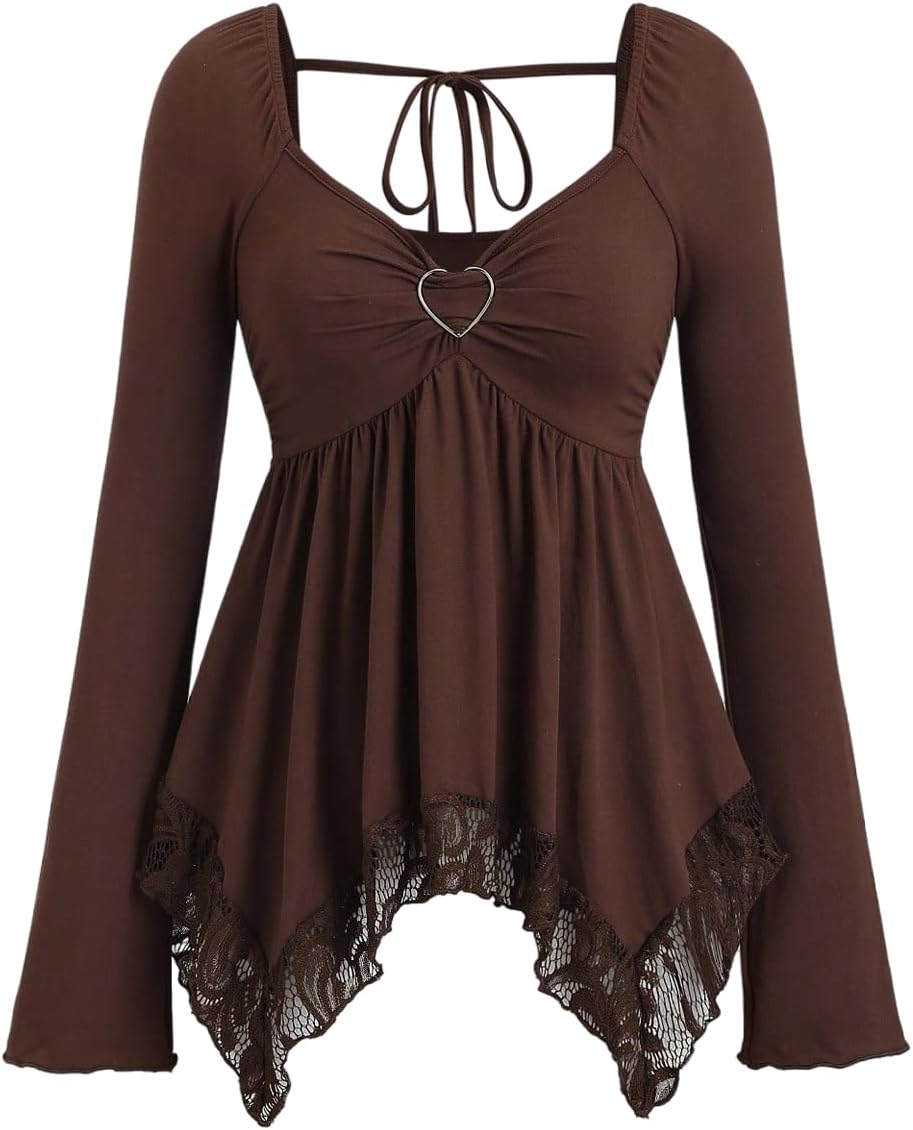 SOLY HUX Women's Long Sleeve Peplum Tops Babydoll Lace Sweetheart Neck Ruffle Asymmetrical Tee Fall Going Out T Shirt