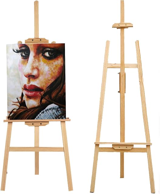 Durable Studio Easel 59 Inch 1.50M Pine Wood Wooden Sturdy Canvas Picture Holder Stand with Movable Bar for Painting Sketching Drawing Displaying Exhibition